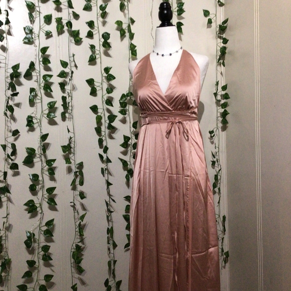 Pink Floor Length / Maxi Gown with Side Slit & Deep V Neckline - Picture 5 of 6